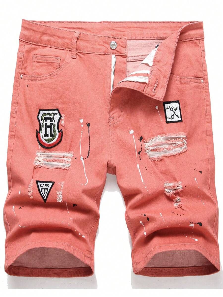 Manfinity EMRG Nam Thư được vá Rách Quần short Denim - Màu Hồng  San hô - Xem 1
