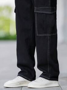 Claim Dot Quần Cargo nam dáng rộng có chi tiết đường khâu trên cùng, túi có nắp, dây rút ở eo và dây điều chỉnh bên hông Quần Cargo dài ống rộng màu đen trơn, dành tặng chồng, quà tặng bạn trai - màu đen - Xem 6