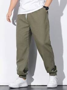 Manfinity Homme Hombres talla grande Jeans joggers de cintura con cordón - Verde militar - Ver 5