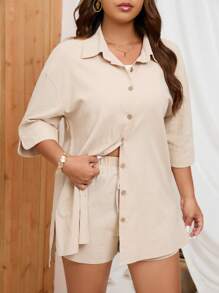 SHEIN Essnce Hơn Thả vai Áo sơ mi - Màu be - Xem 4