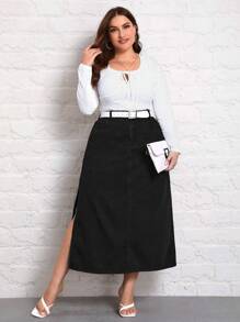 SHEIN LUNE 大碼高腰高衩牛仔半身裙不附腰帶 - 黑色 - 查看 2