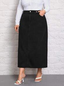 SHEIN LUNE 大碼高腰高衩牛仔半身裙不附腰帶 - 黑色 - 查看 4