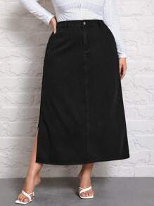 SHEIN LUNE 大碼高腰高衩牛仔半身裙不附腰帶 - 黑色 - 查看 1