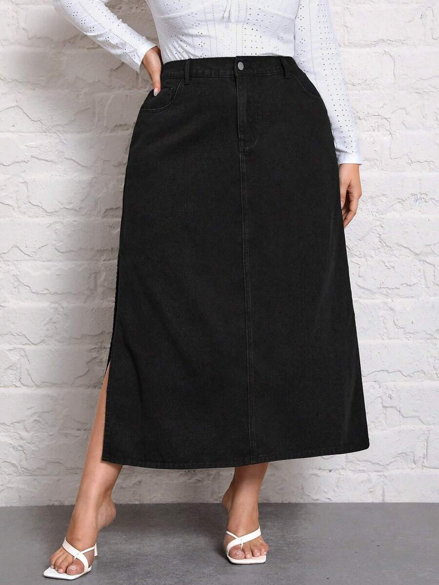 SHEIN LUNE 大碼高腰高衩牛仔半身裙不附腰帶 - 黑色 - 查看 1