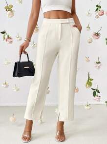 SHEIN Privé 素色斜口袋下擺開叉西裝褲