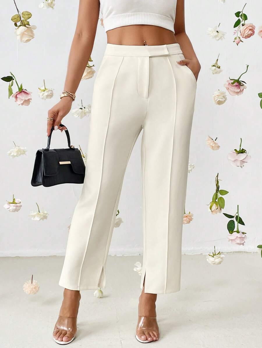 SHEIN Privé 素色斜口袋下擺開叉西裝褲