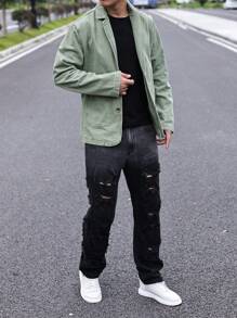 Manfinity Homme Nam Chất rắn Vá Túi Áo khoác denim - Màu xanh Bạc hà - Xem 5