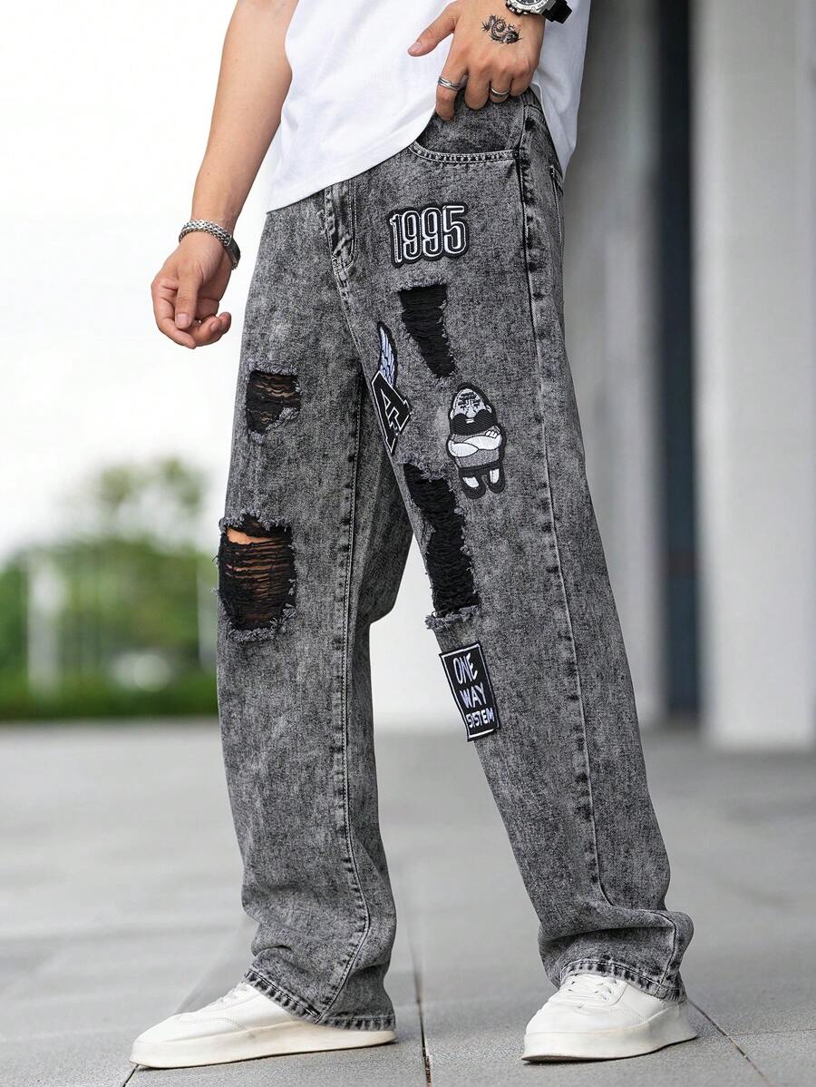 Manfinity EMRG Nam Đồ họa Chữ cái Rách Quần legging thẳng - Xám - Xem 1