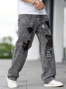 Manfinity EMRG Nam Đồ họa Chữ cái Rách Quần legging thẳng - Xám - Xem 3
