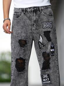 Manfinity EMRG Nam Đồ họa Chữ cái Rách Quần legging thẳng - Xám - Xem 6