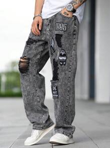 Manfinity EMRG Nam Đồ họa Chữ cái Rách Quần legging thẳng - Xám - Xem 8