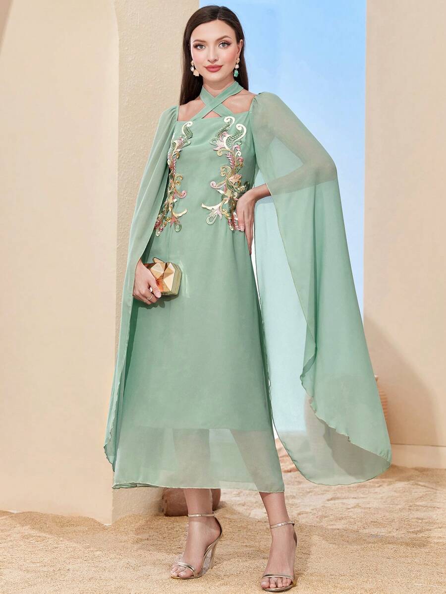 Modelyn Đồ trang trí hoa áo tay cánh Chiffon Đầm - màu xanh lá - Xem 1