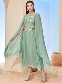 Modelyn Đồ trang trí hoa áo tay cánh Chiffon Đầm - màu xanh lá - Xem 3