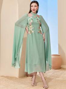Modelyn Đồ trang trí hoa áo tay cánh Chiffon Đầm - màu xanh lá - Xem 4