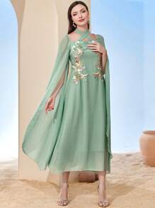 Modelyn Đồ trang trí hoa áo tay cánh Chiffon Đầm - màu xanh lá - Xem 5