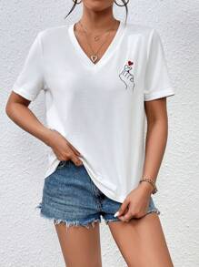 SHEIN Frenchy 女士休闲日常V领T恤，印有手势和爱心图案 - 白色 - 查看 5