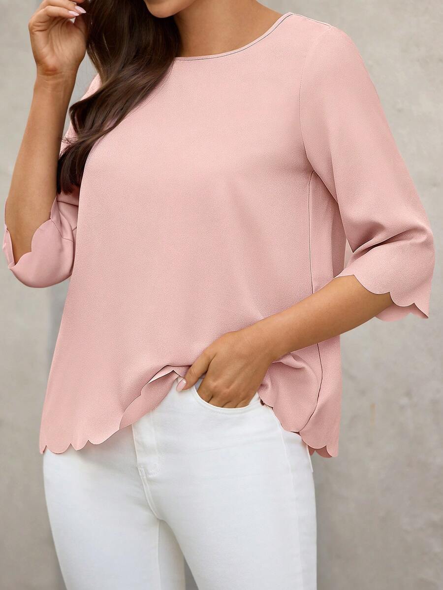EMERY ROSE Blusa unicolor ribete en abanico - Rosa Pálido - Ver 1