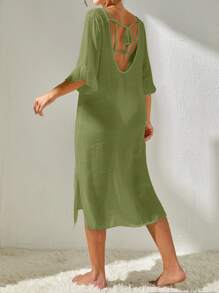 SHEIN Plain Split Thigh Cover Up Dress - Green - View 2
