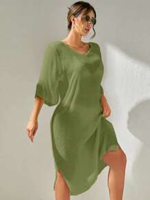 SHEIN Plain Split Thigh Cover Up Dress - Green - View 3