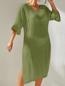 SHEIN Plain Split Thigh Cover Up Dress - Green - View 4