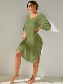SHEIN Plain Split Thigh Cover Up Dress - Green - View 6