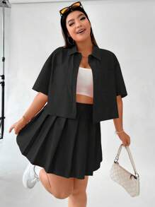 SHEIN Unity 大碼落肩袖襯衫和百褶半身裙 - 黑色 - 查看 3