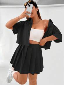 SHEIN Unity 大碼落肩袖襯衫和百褶半身裙 - 黑色 - 查看 7