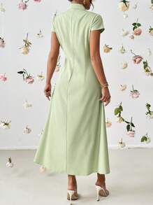 SHEIN Privé Solid Button Front Fold Pleated Detail Shirt Dress - Green - View 2