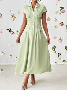SHEIN Privé Solid Button Front Fold Pleated Detail Shirt Dress - Green - View 3
