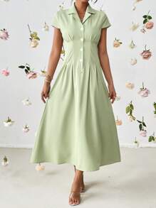 SHEIN Privé Solid Button Front Fold Pleated Detail Shirt Dress - Green - View 4