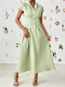 SHEIN Privé Solid Button Front Fold Pleated Detail Shirt Dress - Green - View 5