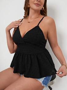 SHEIN Privé Plus Swiss Dot Peplum Cami Top - Black - View 3