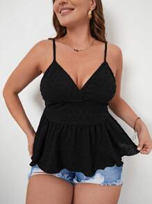 SHEIN Privé Plus Swiss Dot Peplum Cami Top - Black - View 4