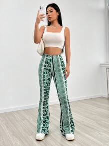 SHEIN PETITE Tribal Print Flare Leg Trousers - Green - View 4