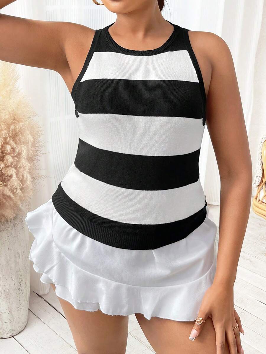 SHEIN SXY Plus Two Tone Knit Top - Black and White - View 1