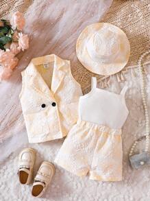 女嬰雙排釦馬甲西裝外套&短褲&吊帶上衣 - 黃色 - 查看 1