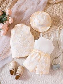 女嬰雙排釦馬甲西裝外套&短褲&吊帶上衣 - 黃色 - 查看 2