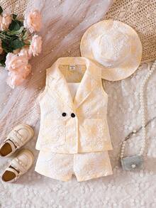 女嬰雙排釦馬甲西裝外套&短褲&吊帶上衣 - 黃色 - 查看 3