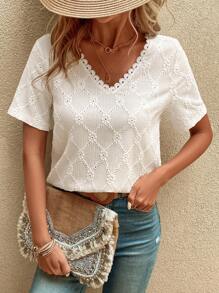 SHEIN VCAY Camiseta ribete con encaje de cuello V - Albaricoque - Ver 1