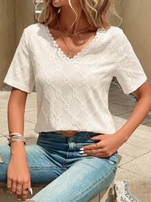 SHEIN VCAY Camiseta ribete con encaje de cuello V - Albaricoque - Ver 3