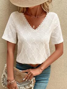 SHEIN VCAY Camiseta ribete con encaje de cuello V - Albaricoque - Ver 5