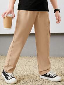 SHEIN 男大童字母補丁細節側翻蓋口袋腰部抽繩長褲 - 杏色 - 查看 5