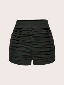 ROMWE PUNK 鏤空褶邊騎行褲 - 黑色 - 查看 1