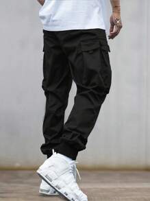 Manfinity EMRG Quần Cargo dáng rộng cho nam có họa tiết khẩu hiệu, túi có nắp và dây rút ở eo, quần dài màu đen, dành tặng chồng, quà tặng bạn trai - màu đen - Xem 5