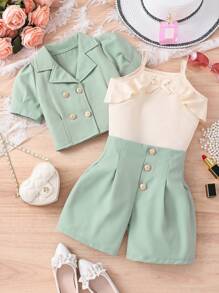 SHEIN Young Girl Puff Sleeve Blouse & Shorts & Ruffle Trim Cami Top - Multicolor - View 1