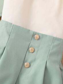 SHEIN Young Girl Puff Sleeve Blouse & Shorts & Ruffle Trim Cami Top - Multicolor - View 6