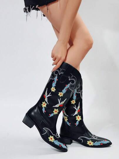 Fairycore Women Floral Embroidered Chunky Heeled Western Boots, Cool Outdoor Fashion Boots