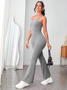 SHEIN Solid Flare Leg Cami Sports Jumpsuit - Light Grey - View 4