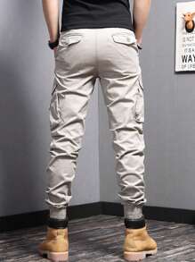 Manfinity Homme Men Flap Pocket Cargo Pants Long Plain Cream Going Out, For Fall
