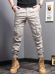 Manfinity Homme Men Flap Pocket Cargo Pants Long Plain Cream Going Out, For Fall